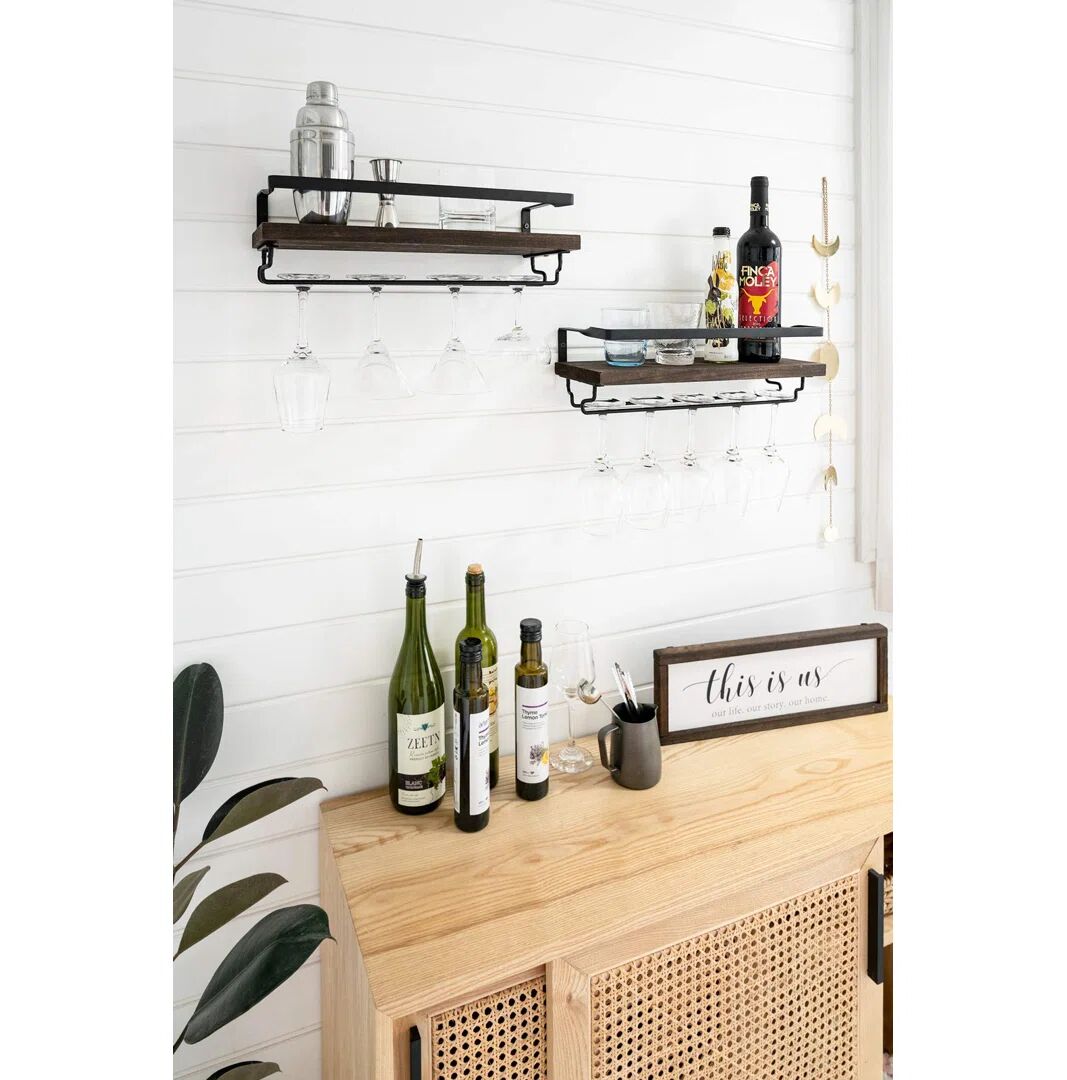 Latitude Run Wall Mounted Wine Rack Set Of 2 Wood Shelf Rustic Bottle Glass Floating Shelves Stemware Hanger Modern Plants Photos Display Storage Holder Kitchen Di brown 12.9 H x 42.75 W x 15.93 D cm