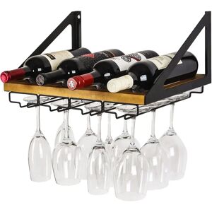 Borough Wharf Comobabi 4 Bottle Wall Mounted Wine Bottle and Glass Rack in Black/Brown  - black/brown - Size: 21.3 H x 42.3 W x 28.8 D cm