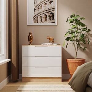 Ebern Designs Milan 3 Drawer Chest in White Gloss & White (Ready Assembled) White/Oak 70cm H X 74cm W X 39cm D