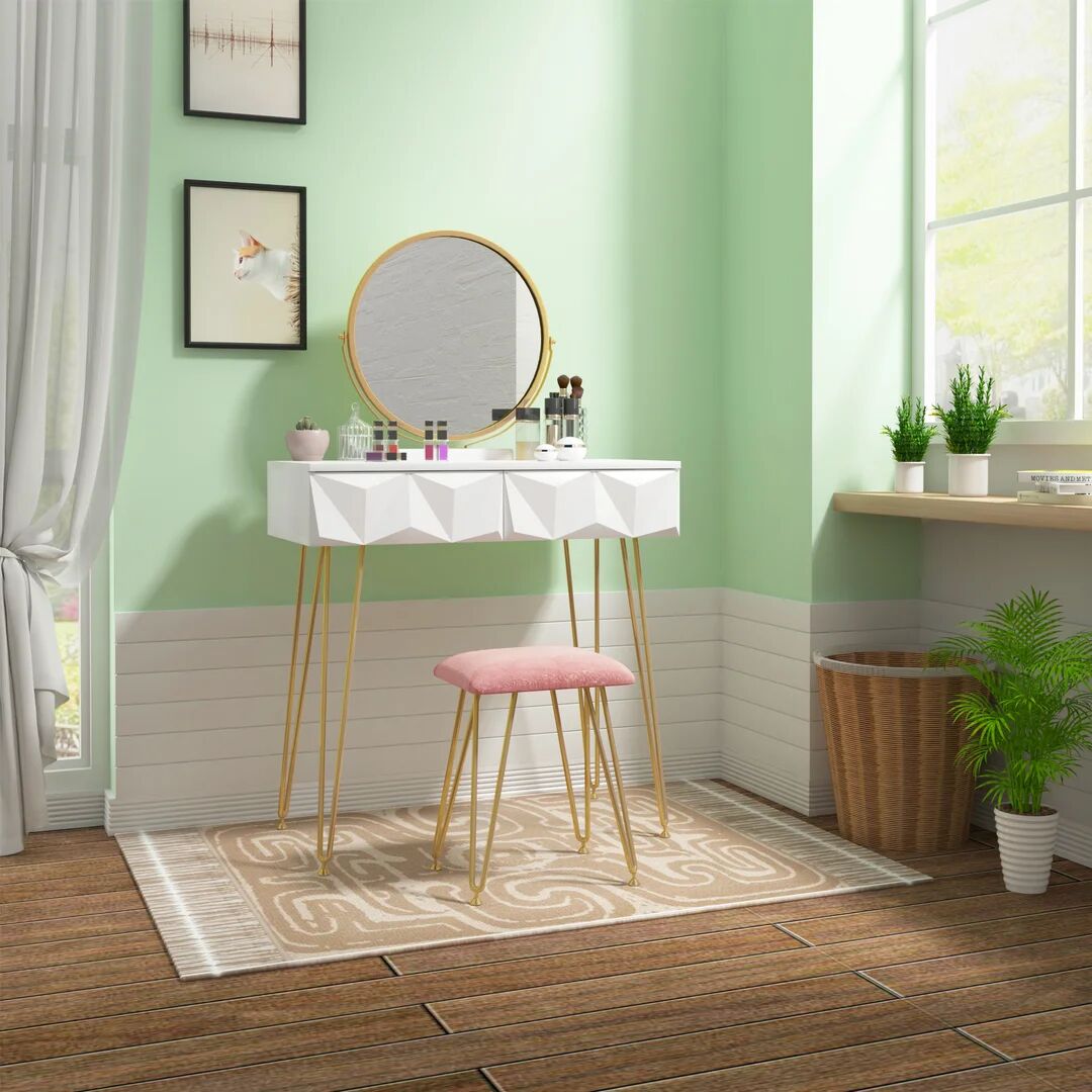 Hykkon Katia Dressing Table Set with Mirror brown/white/yellow 130.0 H x 80.0 W x 40.0 D cm