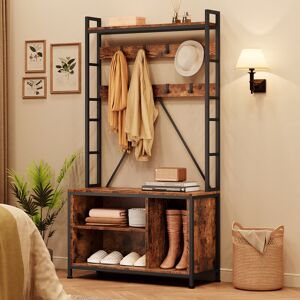 Rio Coat Rack Stand, Hall Tree With Bench and Shoe Storage, Freestanding Coat Stand Garment Rack for Entryway Hallway Living Room Brown 177.5cm H X 92.5cm W X 35cm D