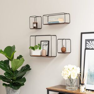 Borough Wharf Wall Shelves 4-Part Shelving Unit Made Of Metal And Real Wood Veneer Wall Decor, Storage And Book Shelf For Bathroom, Living Room, Kitchen, Bedroo Black/Oak Wood