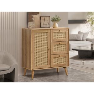 17 Stories Anagh Oak & Rattan Compact 1 Door 3 Drawer Sideboard Brown;Beige 90cm H X 80cm W X 40cm D