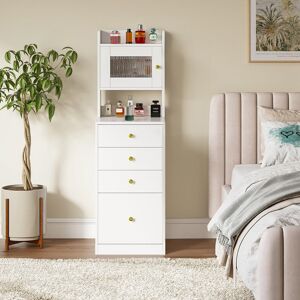 17 Stories Chest Of Drawers Bedside Table, 4 Drawer Dresser Cabinet With Shelves, Wooden Bedside Cabinet Storage Cupboard Organiser Unit Nightstand For Bedroom, White 129cm H X 40cm W X 40cm D