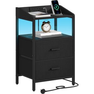 Metro Bedside Table with LED Lights and Charging Station, Bedside Cabinet with 2 Fabric Storage Drawers, Nightstand with USB Ports & TypeC for Bedroom, Livi Black 66cm H X 40cm W X 30cm D