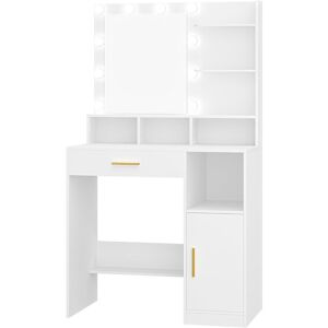 17 Stories Dressing Table with Mirror and 10 LED Lights, Makeup Vanity with 3 Shelves & 4 Open Compartments, Large Drawer & Cabinet, Adjustable Lighting Brightne White 140cm H X 80cm W X 40cm D