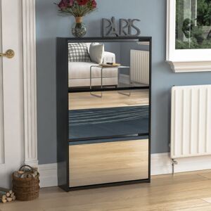 Latitude Run 3 Drawer Mirrored Flip Down Shoe Storage Cabinet Free Standing Cabinet For Hallway Black