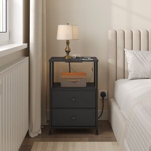 Latitude Run Set Of 2 Bedside Tables With Charging Station, Nightstands Bedside Cabinets With Led Lights, 2 Drawers 1 Open Shelf, Side Tables For Living Room Bedro Black 60.3cm H X 40cm W X 30cm D