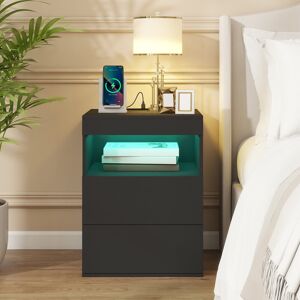 Metro Charging Bedside Table With Led Light, Side Table With 2 Drawers, Nightstand Cabinet With Storage, Light App Control Black 60cm H X 45cm W X 40cm D