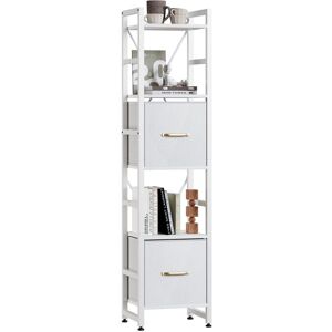 Borough Wharf 5 Tier Bookcase,Tall Narrow Bookshelf With 2PCS Fabric Drawers, Industrial Display Standing Shelf Units With 2 X-Shape Frame, Storage Rack For Living White 154cm H X 30cm W X 30cm D