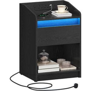 Metro Bedside Table with LED Light, Bedside Cabinet with Charging Station, 1 Storage Drawer Nightstand for Bedroom, Living Room, 2 USB Port, 2 Outlets, Open Black 58cm H X 40cm W X 35cm D