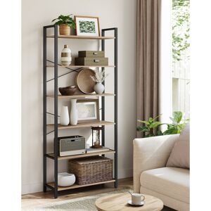 Borough Wharf 6 Tier Bookcase With Steel Frame, Free Standing Shelf, Living Room, Bedroom, Office, 30 X 80 X 186 Cm, Industrial Design, Black Ink Camel Brown/Black