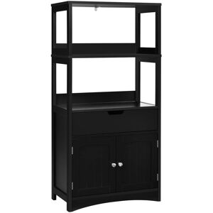 Artechworks Kitchen Cupboard, Freestanding Wooden Floor Storage Cabinet With 3 Open Shelves, 1 Drawer And 2 Doors, Bathroom Hallway Storage Organizer Unit (White) Black 107cm H X 60cm W X 32cm D