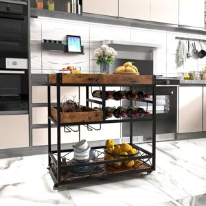 Borough Wharf 3-Tier Industrial Kitchen Serving Cart Rolling Bar Serving Trolley W/ Wine Rack Brown 83cm H X 80cm W X 40cm D