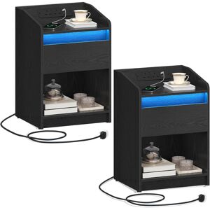 Metro Bedside Table Set of 2 with LED Light, Bedside Cabinet with Charging Station, 1 Storage Drawer Nightstand for Bedroom, Living Room, 2 USB Port, 2 Outl Black 58cm H X 40cm W X 35cm D