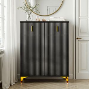 Fairmont Park Modern Ribbed Sideboard With Door Cabinet & 2 Drawers, Accent Buffet Cabinet With Adjustable Shelves, Shoe Cabinet With Gold Details Black 101cm H X 83cm W X 35cm D