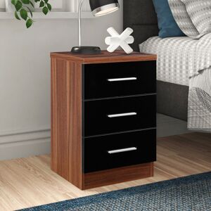 Zipcode Design Eva High Gloss 3 Drawer Bedside Table - H: 59.5cm x D: 38cm x W: 39.5cm Walnut/Gloss Black 59.5cm H X 39.5cm W X 38cm D