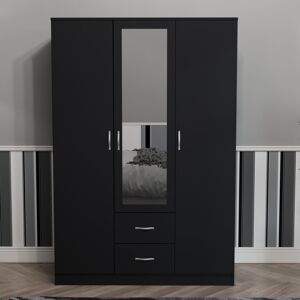 17 Stories Maybery 3 Door 2 Drawer Mirrored Wardrobe, With Shelf & Hanging Rail Bedroom Storage Furniture Black 170cm H X 115.4cm W X 53cm D 17 Stories Maybery 3 Door 2 Drawer Mirrored Wardrobe, With Shelf & Hanging Rail Bedroom Storage Furniture Black 170cm H X 115.4cm W X 53cm D