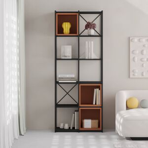 Rio Vale 5-Shelf Display Bookcase with Cross Metal Frame Black/Cinnamon 179cm H X 70.5cm W X 39cm D Rio Vale 5-Shelf Display Bookcase with Cross Metal Frame Black/Cinnamon 179cm H X 70.5cm W X 39cm D