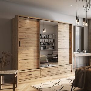 Ebern Designs Elegant Arti 1 - 3 Sliding Door Wardrobe 250cm - Oak Artisan Finish, Mirrored Door, Black Handles Oak Artisan 215cm H X 250cm W X 63cm D Ebern Designs Elegant Arti 1 - 3 Sliding Door Wardrobe 250cm - Oak Artisan Finish, Mirrored Door, Black Handles Oak Artisan 215cm H X 250cm W X 63cm D