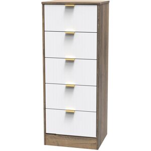 Canora Grey Barriner 5 Drawer Tall Bedside Cabinet With Gold Handles (Ready Assembled) White Matt/Vintage Oak Canora Grey Barriner 5 Drawer Tall Bedside Cabinet With Gold Handles (Ready Assembled) White Matt/Vintage Oak
