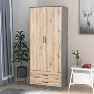 Ebern Designs Gianpietro 2 Door Wardrobe Ash Grey Carcass/Oak Drawer 180cm H X 75cm W X 46cm D Ebern Designs Gianpietro 2 Door Wardrobe Ash Grey Carcass/Oak Drawer 180cm H X 75cm W X 46cm D