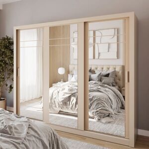 Brayden Studio Spacious Cashmere Arti 2 - 3 Sliding Door Wardrobe 250cm - Mirrored Elegance with Practical Storage Cashmere 215cm H X 250cm W X 60cm D Brayden Studio Spacious Cashmere Arti 2 - 3 Sliding Door Wardrobe 250cm - Mirrored Elegance with Practical Storage Cashmere 215cm H X 250cm W X 60cm D
