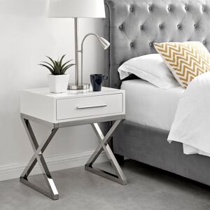 Wade Logan Romriell Gloss and Chrome Metal Bedside Table 1 Drawer Modern Minimalist Design White;Silver 60cm H X 51cm W X 45cm D Wade Logan Romriell Gloss and Chrome Metal Bedside Table 1 Drawer Modern Minimalist Design White;Silver 60cm H X 51cm W X 45cm D