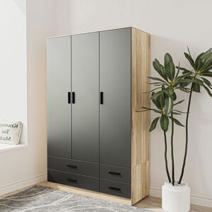 17 Stories 3 Door 4 Drawer Wardrobe Storage Shelf Hanging Wardrobe Modern Furniture Oak/Grey 180cm H X 108cm W X 48cm D 17 Stories 3 Door 4 Drawer Wardrobe Storage Shelf Hanging Wardrobe Modern Furniture Oak/Grey 180cm H X 108cm W X 48cm D