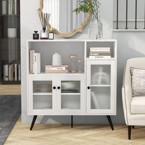 Borough Wharf Industrial Storage Cabinet, Floor Standing Wooden Sideboard With Tempered Glass Doors, Adjustable Shelf And 5 Steel Legs, Side Cabinet Display Cupboar White 100cm H X 100cm W X 40cm D Borough Wharf Industrial Storage Cabinet, Floor Standing Wooden Sideboard With Tempered Glass Doors, Adjustable Shelf And 5 Steel Legs, Side Cabinet Display Cupboar White 100cm H X 100cm W X 40cm D