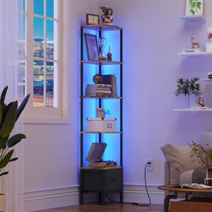 Ivy Bronx Book Shelf With Drawer And LED Light, 5 Tier Tall Corner Shelf Unit, Bookcase For Living Room Bedroom, Narrow Shelving Unit With Fabric Drawer Brown 171cm H X 37cm W X 27cm D Ivy Bronx Book Shelf With Drawer And LED Light, 5 Tier Tall Corner Shelf Unit, Bookcase For Living Room Bedroom, Narrow Shelving Unit With Fabric Drawer Brown 171cm H X 37cm W X 27cm D