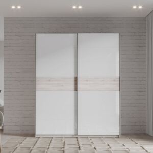 Ebern Designs Mickie 2 Door Sliding Wardrobe White/Beige 210cm H x 170cm W x 61cm D Ebern Designs Mickie 2 Door Sliding Wardrobe White/Beige 210cm H x 170cm W x 61cm D