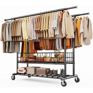 Rebrilliant Double Rail Clothes Rack on Wheels, 283kg(625lbs) Capacity, with Mesh Storage Basket & Bottom Shelf Black Rebrilliant Double Rail Clothes Rack on Wheels, 283kg(625lbs) Capacity, with Mesh Storage Basket & Bottom Shelf Black