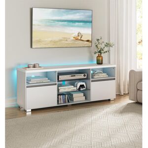 Metro TV Stand Cabinet With LED Lights, Modern TV Unit For Tvs Up To 70 Inch, With Open Glass Shelves, 2 Cabinets With Doors, 160 Cm TV Entertainment Unit F White 70" Metro TV Stand Cabinet With LED Lights, Modern TV Unit For Tvs Up To 70 Inch, With Open Glass Shelves, 2 Cabinets With Doors, 160 Cm TV Entertainment Unit F White 70"