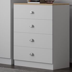 17 Stories Lorola 4 Drawer Chest Of Drawers. 70cm Wide. Matt Finish, Oak Effect Top. Polished Chrome Cup Handles White 90cm H X 70cm W X 41cm D 17 Stories Lorola 4 Drawer Chest Of Drawers. 70cm Wide. Matt Finish, Oak Effect Top. Polished Chrome Cup Handles White 90cm H X 70cm W X 41cm D