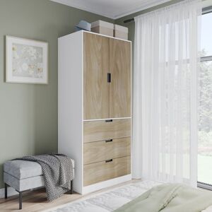 17 Stories 2 Door Modern Wardrobe with 3 Drawer Storage and Hanging Rail Bedroom Furniture White/Oak 180cm H X 80cm W X 50cm D 17 Stories 2 Door Modern Wardrobe with 3 Drawer Storage and Hanging Rail Bedroom Furniture White/Oak 180cm H X 80cm W X 50cm D