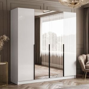 Brayden Studio AUREL 4D hinged wardrobe with mirror Black 210cm H X 200cm W X 57cm D Brayden Studio AUREL 4D hinged wardrobe with mirror Black 210cm H X 200cm W X 57cm D
