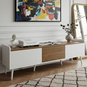 Latitude Run 160Cm TV Stand For 70-Inch Tvs, Mid-Century Modern TV Cabinet With 3 Fluted Doors, White/Wood & Black/Wood White 70" Latitude Run 160Cm TV Stand For 70-Inch Tvs, Mid-Century Modern TV Cabinet With 3 Fluted Doors, White/Wood & Black/Wood White 70"