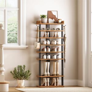 Rio Narrow Shoe Rack, 9-Tier High Shoe Rack, Wooden Shoe Organizer With 2 Hooks Brown 16 Rio Narrow Shoe Rack, 9-Tier High Shoe Rack, Wooden Shoe Organizer With 2 Hooks Brown 16