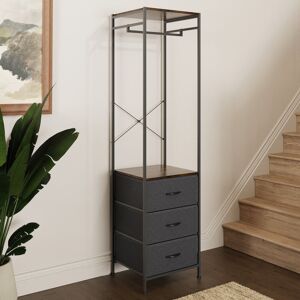 Borough Wharf Buldir 3 Drawer Hallway Hanging Rail Coat Rack. Industrial Style Metal Frame, Walnut Effect Wood & Grey Fabric Drawers Black;Grey 175cm H X 42.5cm W X 38cm D Borough Wharf Buldir 3 Drawer Hallway Hanging Rail Coat Rack. Industrial Style Metal Frame, Walnut Effect Wood & Grey Fabric Drawers Black;Grey 175cm H X 42.5cm W X 38cm D