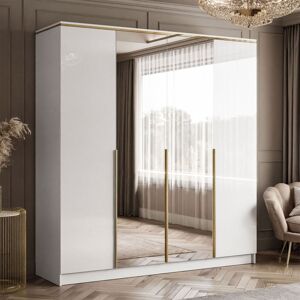 Brayden Studio AURORA 4D white gloss Wardrobe with mirror, Gold Chrome Handles Gold 210cm H X 200cm W X 57cm D Brayden Studio AURORA 4D white gloss Wardrobe with mirror, Gold Chrome Handles Gold 210cm H X 200cm W X 57cm D