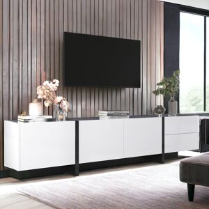 Ivy Bronx Tv Cabinet, Low Panel, High-gloss Black And White Colorblock, With Doors And Drawers, Doors With Shelves. Simple Line Design White 85" Ivy Bronx Tv Cabinet, Low Panel, High-gloss Black And White Colorblock, With Doors And Drawers, Doors With Shelves. Simple Line Design White 85"