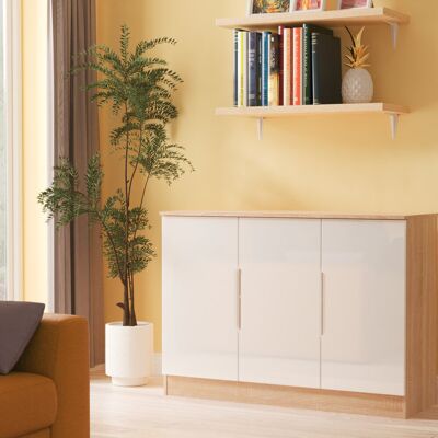 Latitude Run Bisma 3 Door Sideboard in White Gloss & White Matt (Ready Assembled) White/Oak 79cm H X 110cm W X 39cm D Latitude Run Bisma 3 Door Sideboard in White Gloss & White Matt (Ready Assembled) White/Oak 79cm H X 110cm W X 39cm D