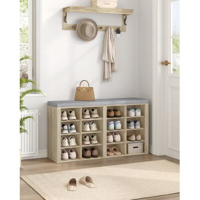 Borough Wharf Shoe Storage Bench with Padded Seat, Shoe Rack Bench with 16 Open Compartments, Adjustable Shelves, Shoes Cabinet with Cushion for Hallway, Living Roo Oak/Gray 59cm H X 104cm W X 30cm D Borough Wharf Shoe Storage Bench with Padded Seat, Shoe Rack Bench with 16 Open Compartments, Adjustable Shelves, Shoes Cabinet with Cushion for Hallway, Living Roo Oak/Gray 59cm H X 104cm W X 30cm D