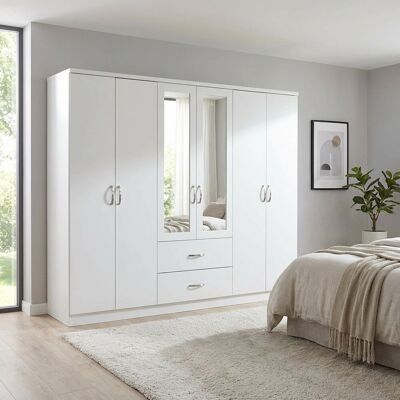 Latitude Run White 6 Door 2 Drawer Mirrored Wardrobe With Chrome Handles Natural 183cm H X 239cm W X 48.3cm D Latitude Run White 6 Door 2 Drawer Mirrored Wardrobe With Chrome Handles Natural 183cm H X 239cm W X 48.3cm D