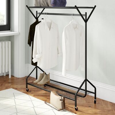 Wayfair Basics™ Clothing Rail Heavy Duty Hanging Clothes Shoe Hat Rack Shelves With Wheels Black 150cm H x 120cm L x 46.5cm D Wayfair Basics™ Clothing Rail Heavy Duty Hanging Clothes Shoe Hat Rack Shelves With Wheels Black 150cm H x 120cm L x 46.5cm D