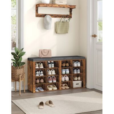 Borough Wharf Shoe Storage Bench with Padded Seat, Shoe Rack Bench with 16 Open Compartments, Adjustable Shelves, Shoes Cabinet with Cushion for Hallway, Living Roo Rustic Brown/Gray 59cm H X 104cm W X 30cm D Borough Wharf Shoe Storage Bench with Padded Seat, Shoe Rack Bench with 16 Open Compartments, Adjustable Shelves, Shoes Cabinet with Cushion for Hallway, Living Roo Rustic Brown/Gray 59cm H X 104cm W X 30cm D