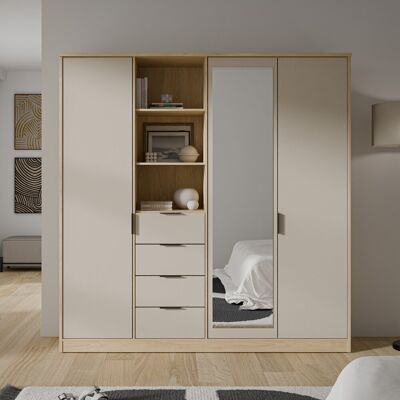 Latitude Run Modern, spacious hallway wardrobe with 3 doors, a full-length mirror, four drawers, open shelving, beige with warm oak accents, 207.5 cm W x 212.7 cm Satin Black 212.7cm H X 207.5cm W X 52.7cm D Latitude Run Modern, spacious hallway wardrobe with 3 doors, a full-length mirror, four drawers, open shelving, beige with warm oak accents, 207.5 cm W x 212.7 cm Satin Black 212.7cm H X 207.5cm W X 52.7cm D