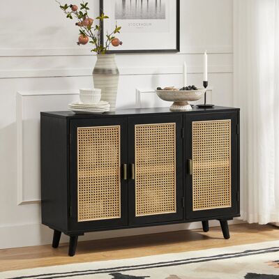 Fjørde & Co Hearn 109 cm Modern Wide Sideboard with 3 Rattan Doors Black 76.5cm H X 109.2cm W X 34.3cm D Fjørde & Co Hearn 109 cm Modern Wide Sideboard with 3 Rattan Doors Black 76.5cm H X 109.2cm W X 34.3cm D