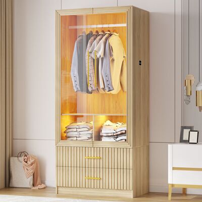 Metro Modern Wardrobe With 2 Drawers And Led Glass Door Featuring Motion Sensor Oak 180cm H X 80cm W X 50cm D Metro Modern Wardrobe With 2 Drawers And Led Glass Door Featuring Motion Sensor Oak 180cm H X 80cm W X 50cm D